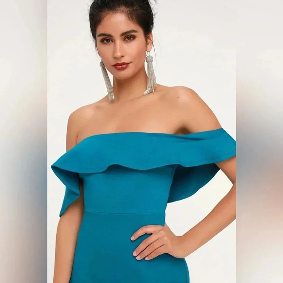 Lulus Confidence Boost Teal Blue Off-the-Shoulder Bodycon Midi Dress Size Small - Picture 2 of 8